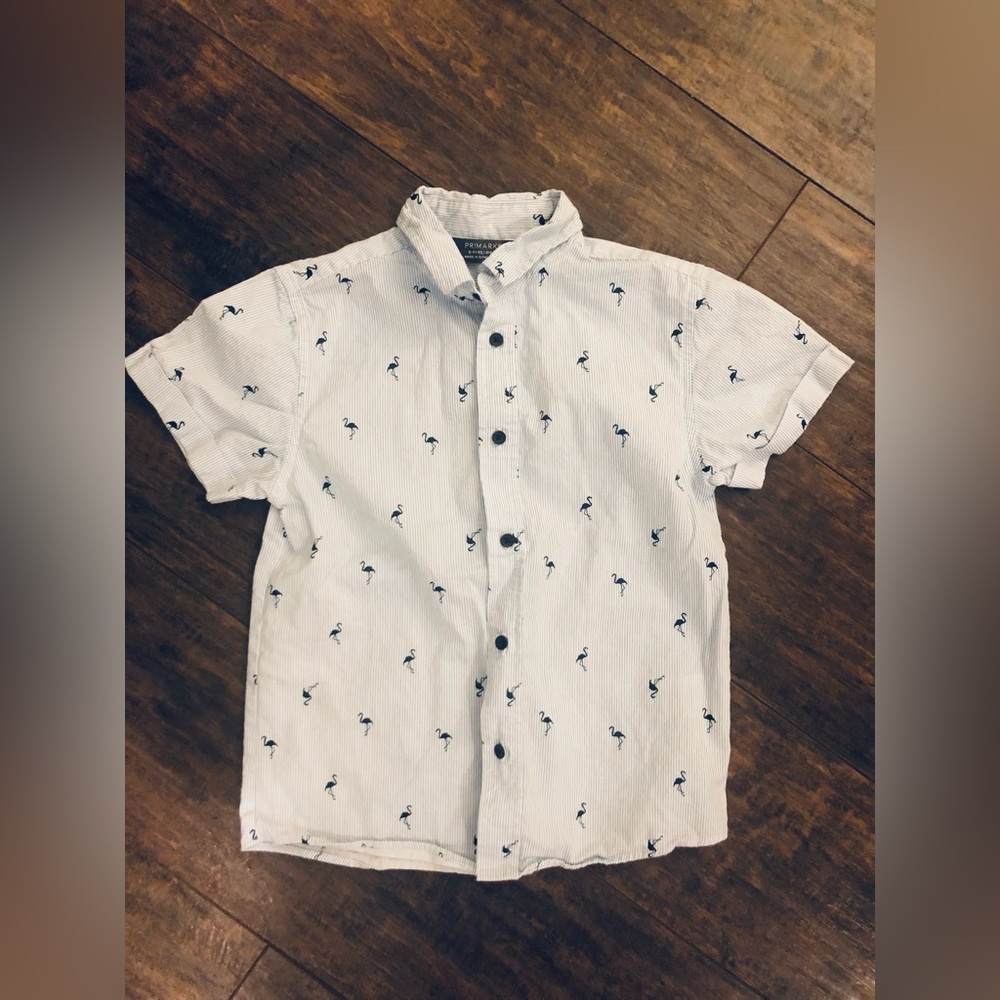 Primark White Short Sleeve Button-Down Shirt with Navy Flamingo Print